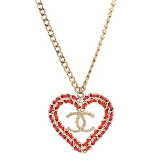 Metal Lambskin Chain CC Heart Necklace Pink Red Gold