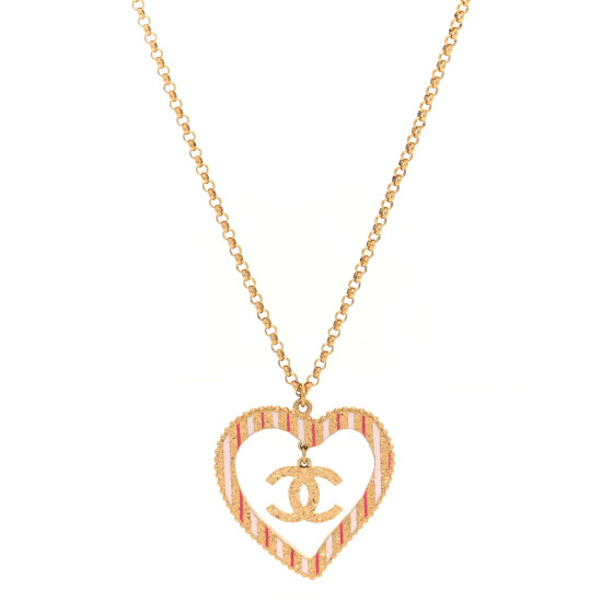 Enamel CC Textured Heart Pendant Necklace Pink Gold