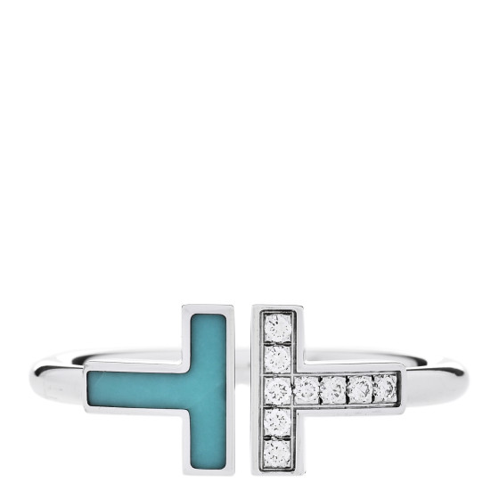 18K White Gold Diamond Turquoise T Wire Ring 56 7.75