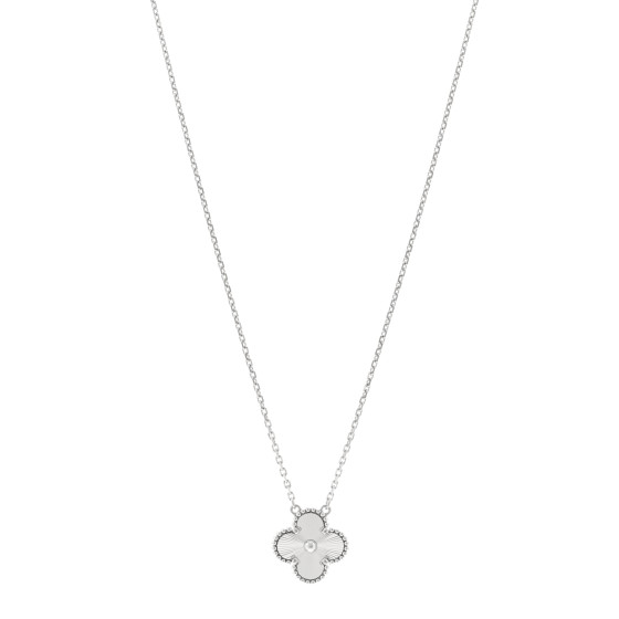 18K White Gold Guilloche Vintage Alhambra Pendant Necklace