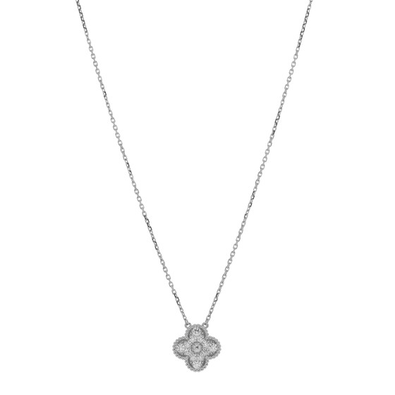 18K White Gold Diamond Vintage Alhambra Pendant Necklace