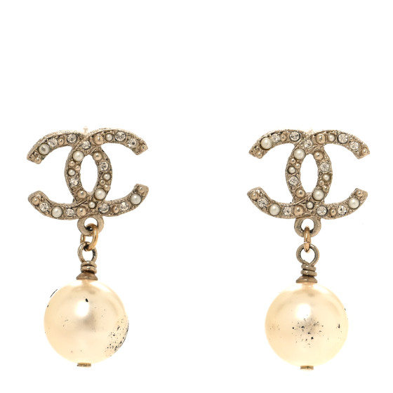 Crystal Pearl CC Drop Earrings Gold