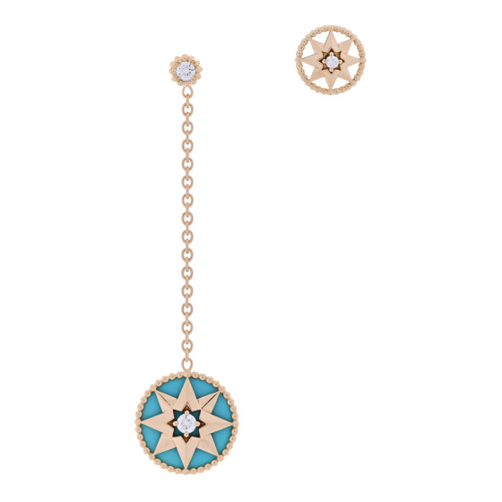 18K Yellow Gold Diamond Turquoise Rose Des Vents Drop Stud Earrings
