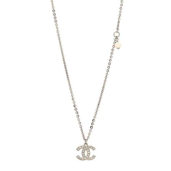 Pearl Crystal CC Pendant Necklace Silver