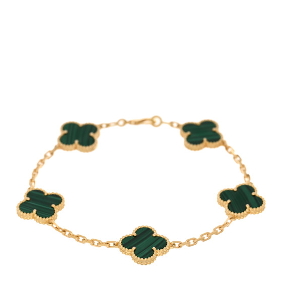 18K Yellow Gold Malachite 5 Motifs Vintage Alhambra Bracelet