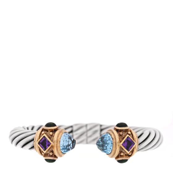 Sterling Silver 14K Yellow Gold Blue Topaz Amethyst Green Tourmaline 10mm Cable Renaissance Bracelet