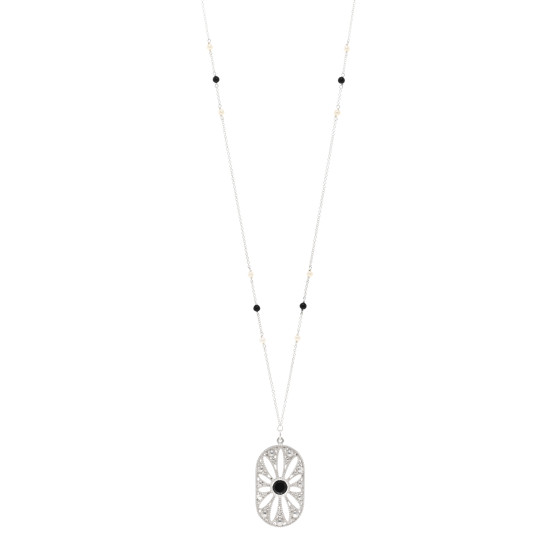 Sterling Silver Black Onyx Pearl Ziegfeld Daisy Pendant Necklace