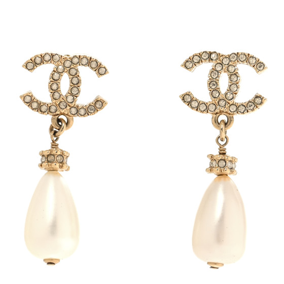 Crystal Pearl CC Drop Earrings Gold