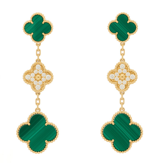 18K Yellow Gold Diamond Malachite 3 Motifs Vintage Alhambra Earrings
