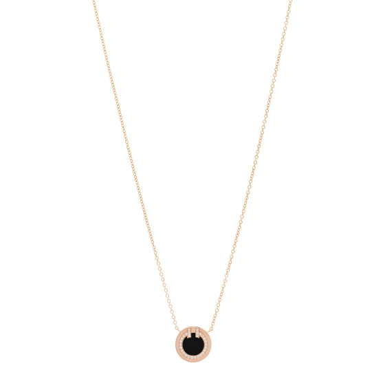 18K Rose Gold Diamond Black Onyx Small T Circle Pendant Necklace