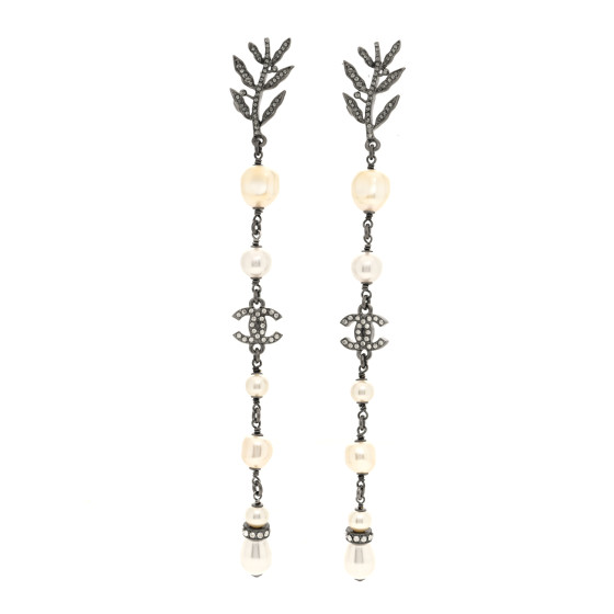 Pearl Crystal CC Long Drop Earrings Silver