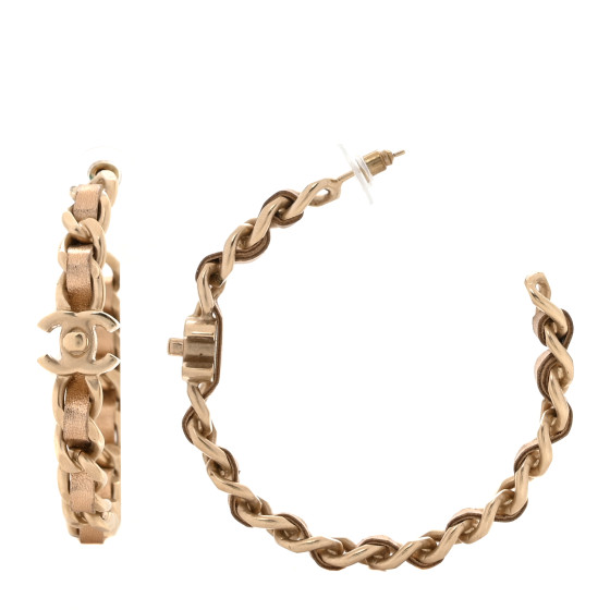 Metal Lambskin CC Turnlock Chain Hoop Earrings Matte Gold