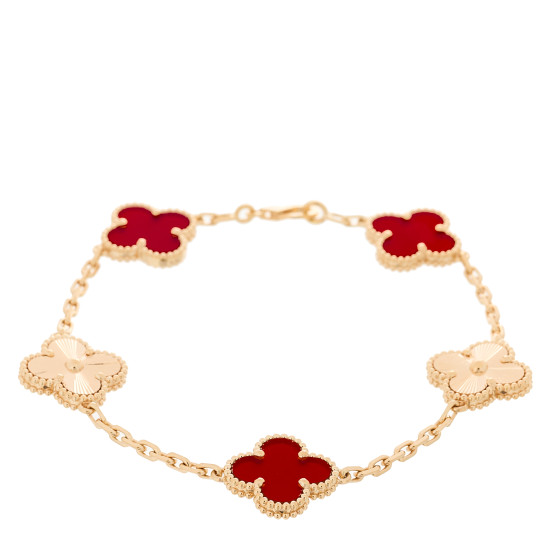 18K Rose Gold Carnelian 5 Motifs Guilloche Vintage Alhambra Bracelet