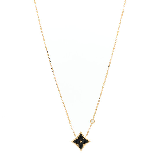 18K Yellow Gold Diamond Black Onyx Color Blossom BB Star Pendant Necklace