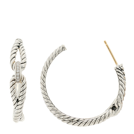 Sterling Silver Diamond Cable Loop Hoop Earrings