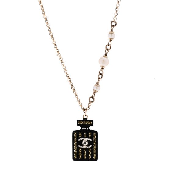 Pearl Resin Strass Perfume Bottle CC Necklace Black Gold