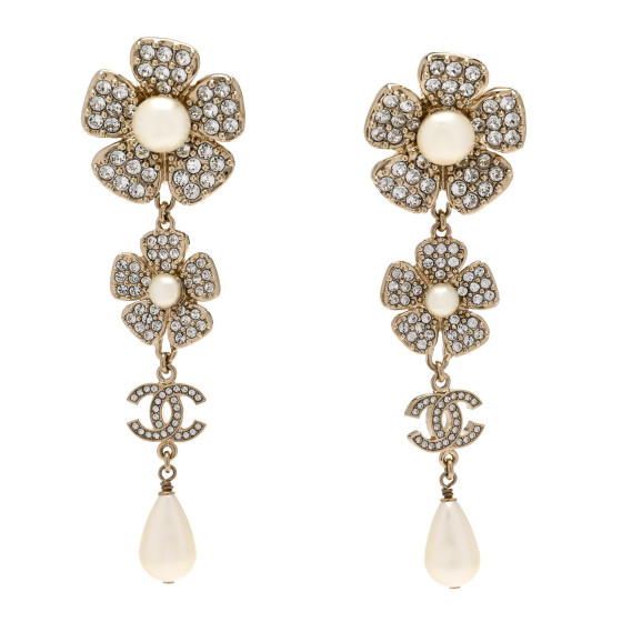 Crystal Pearl Flower CC Clip On Drop Earrings Light Gold