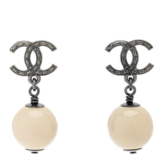 Bead CC Drop Earrings Ruthenium White