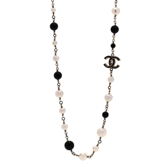 Pearl Enamel Beaded CC Baroque Long Necklace Black White Gold