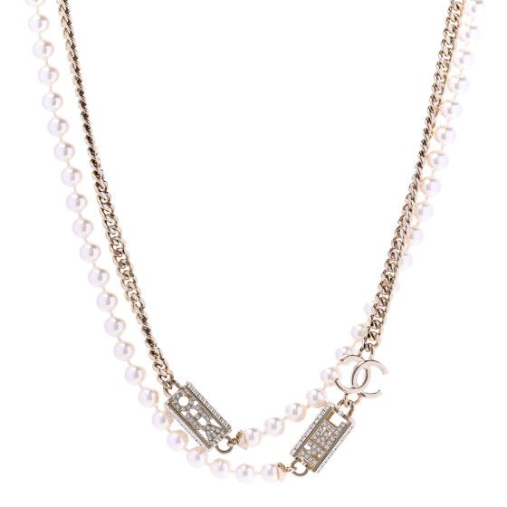 Pearl Crystal CC Long Chain Necklace Gold
