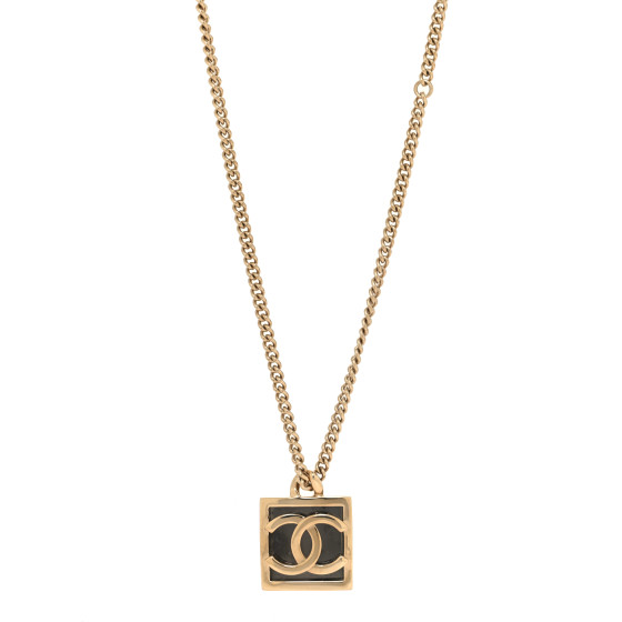 Metal Enamel CC Square Necklace Gold Black