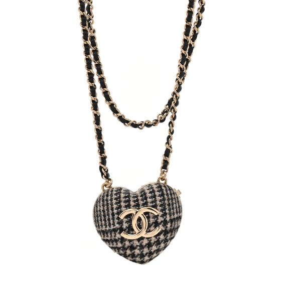 Tweed Lambskin CC Heart Locket Necklace Gold Black White