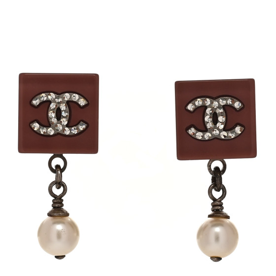Resin Crystal Pearl Square CC Drop Earrings Pink