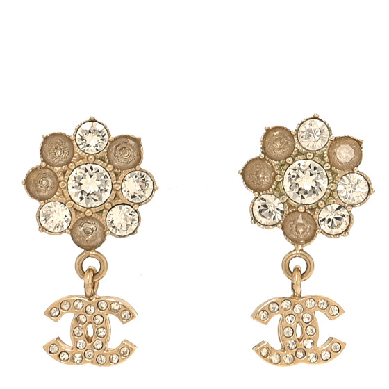 Crystal CC Flower Dangle Earrings Gold Beige