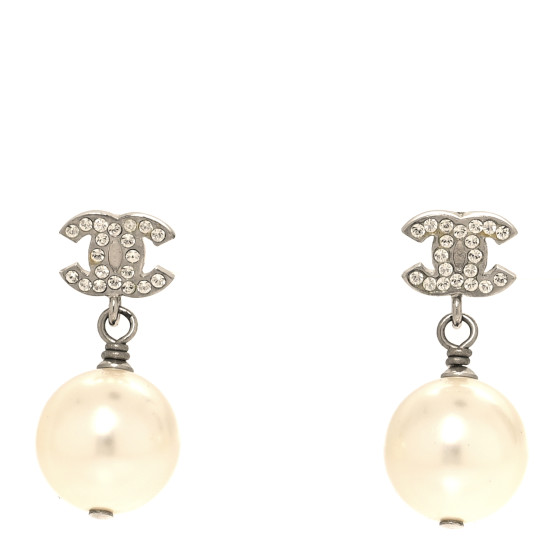 Crystal Pearl CC Drop Earrings Silver Pearly White