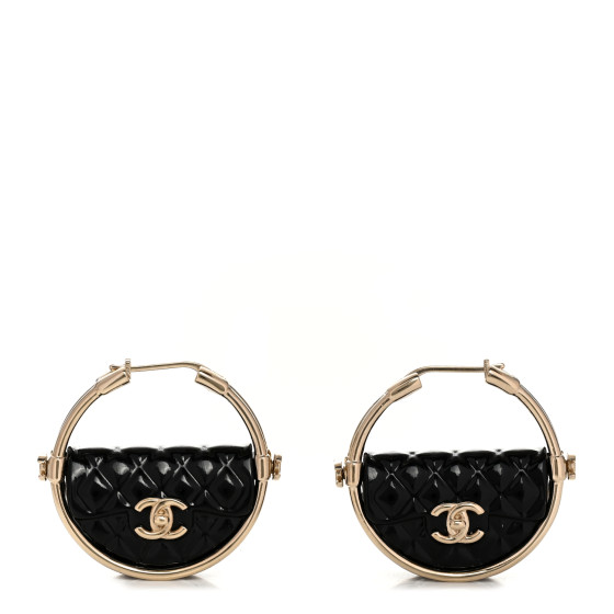 Metal Resin Quilted Flap Bag Hoop Earrings Black Gold