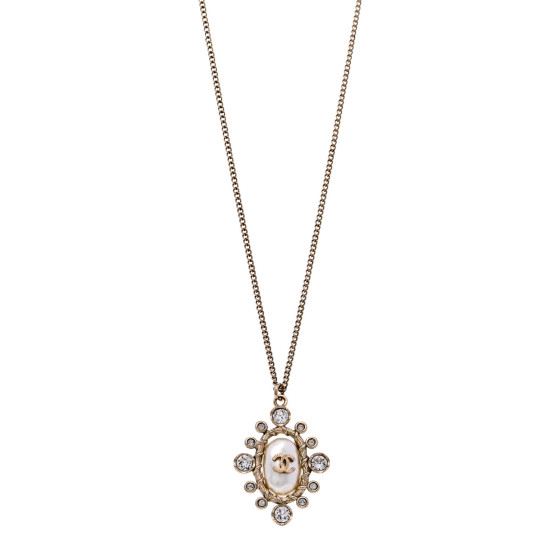 Pearl Crystal CC Pendant Necklace Gold White