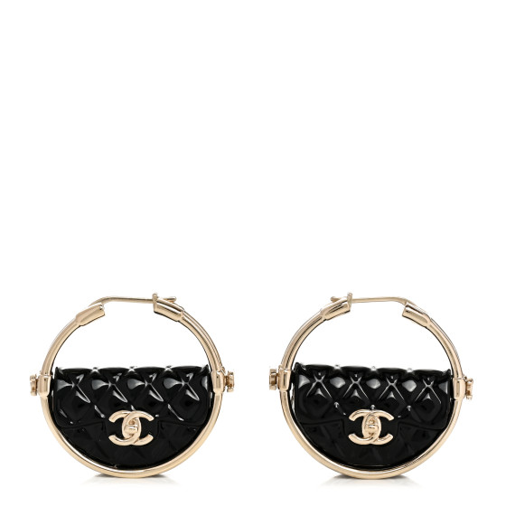 Metal Resin Quilted Flap Bag Hoop Earrings Black Gold