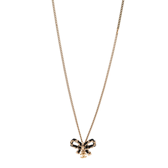 Metal Lambskin Chain CC Bow Necklace Black Gold