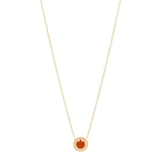 18K Yellow Gold Diamond Carnelian Small T Circle Pendant Necklace