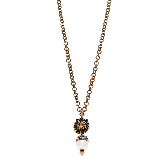 Metal Crystal Pearl Lion Head Necklace Aged Gold