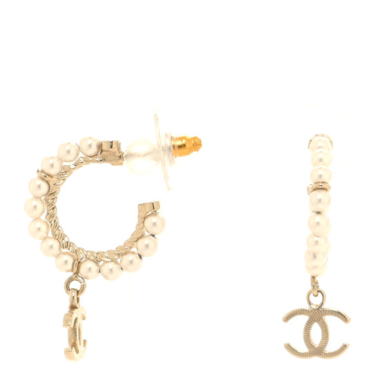Pearl CC Hoop Drop Earring Gold
