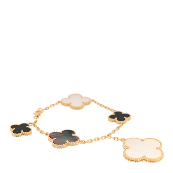 18K Yellow Gold Grey Mother of Pearl Black Onyx 5 Motifs Magic Alhambra Bracelet