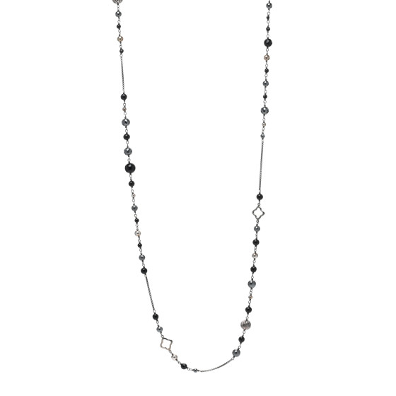 Darkened Sterling Silver Black Onyx Hematite Quatrefoil Bead Chain Necklace