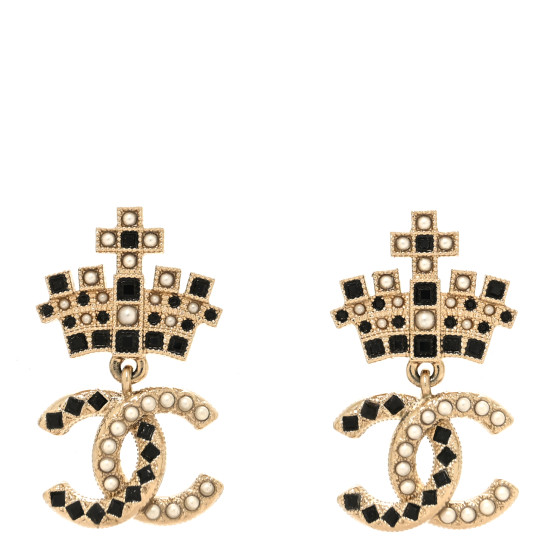 Resin Crystal Pearl CC Crown Drop Earrings Gold Black