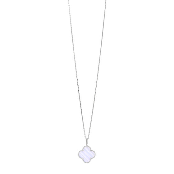 18K White Gold Chalcedony Magic Alhambra Pendant Long Necklace