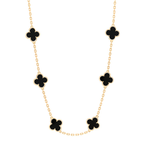 18K Yellow Gold Black Onyx 10 Motifs Vintage Alhambra Necklace