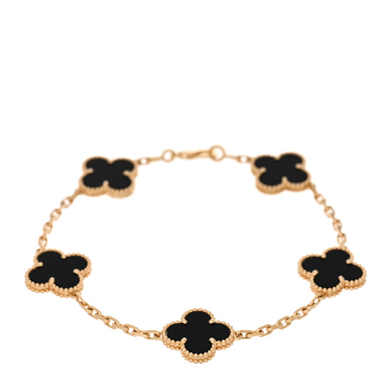 18K Yellow Gold Black Onyx 5 Motifs Vintage Alhambra Bracelet