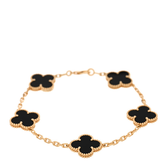 18K Yellow Gold Black Onyx 5 Motifs Vintage Alhambra Bracelet
