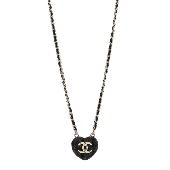Lambskin Tweed CC Locket Pendant Necklace Grey Blue Black Gold