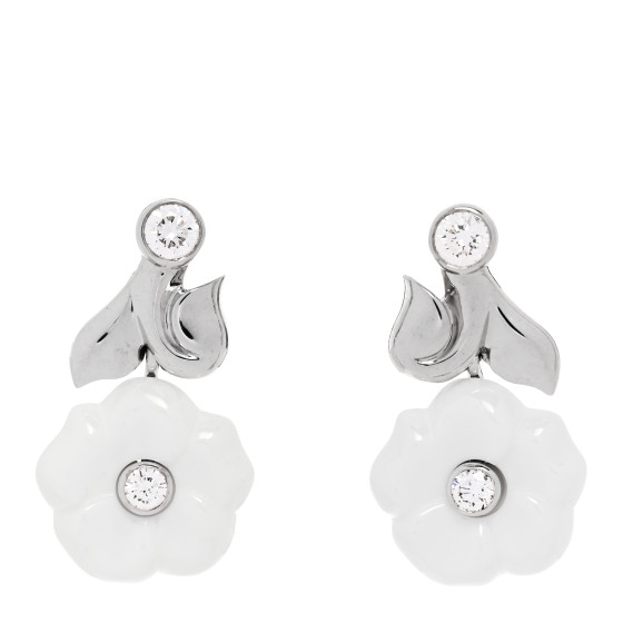 18K White Gold Diamond Ceramic Camellia Drop Earrings