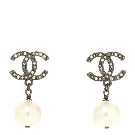 Pearl Crystal CC Drop Earrings Silver Pearly White
