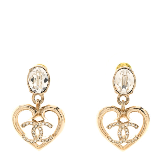 Metal Crystal CC Heart Drop Earrings Gold