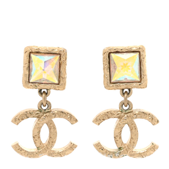 Iridescent Baguette Crystal CC Drop Earrings Gold