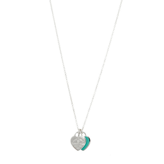 Sterling Silver Enamel Diamond Return to Tiffany Double Mini Heart Tag Pendant Necklace Blue