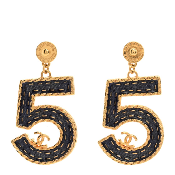 Metal Enamel CC No 5 Rope Drop Earrings Gold Denim Blue
